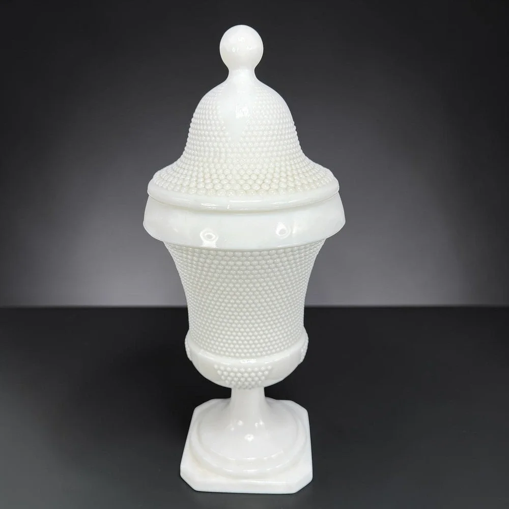 LE Smith White Milk Glass Hobnail Apothecary Jar Urn with Lid 10.5inch Vintage